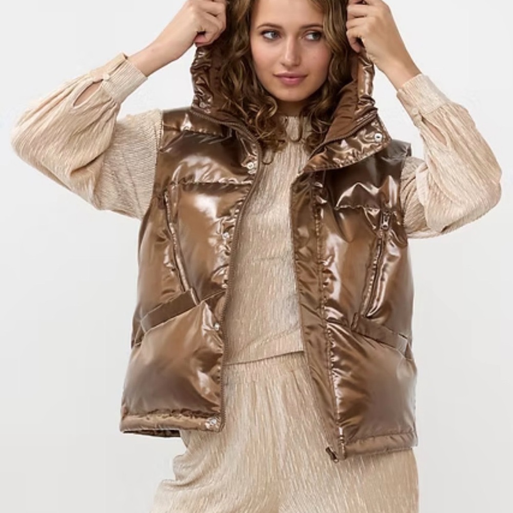 ESQUALO Womens Body-Warmer Short Sleeveless‎ Hooded Metallic Puffer Vest Bronze